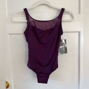 Natalie Couture women’s microfiber tank mesh leotard. Eggplant size P. NWT.